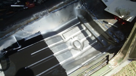 Painting the 68 firebird's floorboards and welding in the seat support.